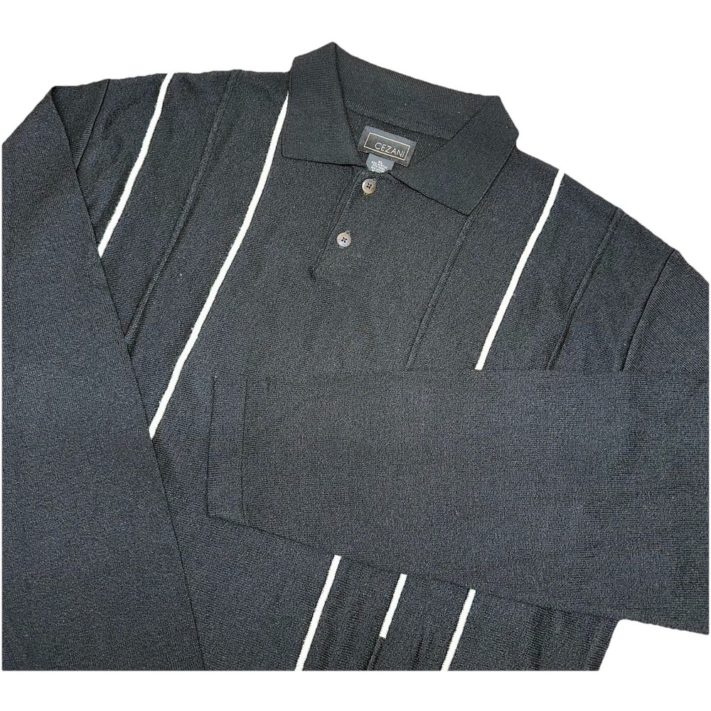 Cezani Black 2-Button Collared Wool Blend Long Sleeve 3D Henley Sweater Men's XL